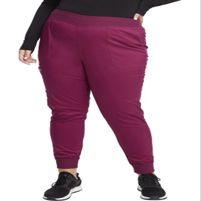 Cherokee Women's Scrub Jogger Pants Modern Classic Fit Mid Rise Bottom with 5 Pockets, Elastic Knit Waistband - WW115P, XS Petite, Wine