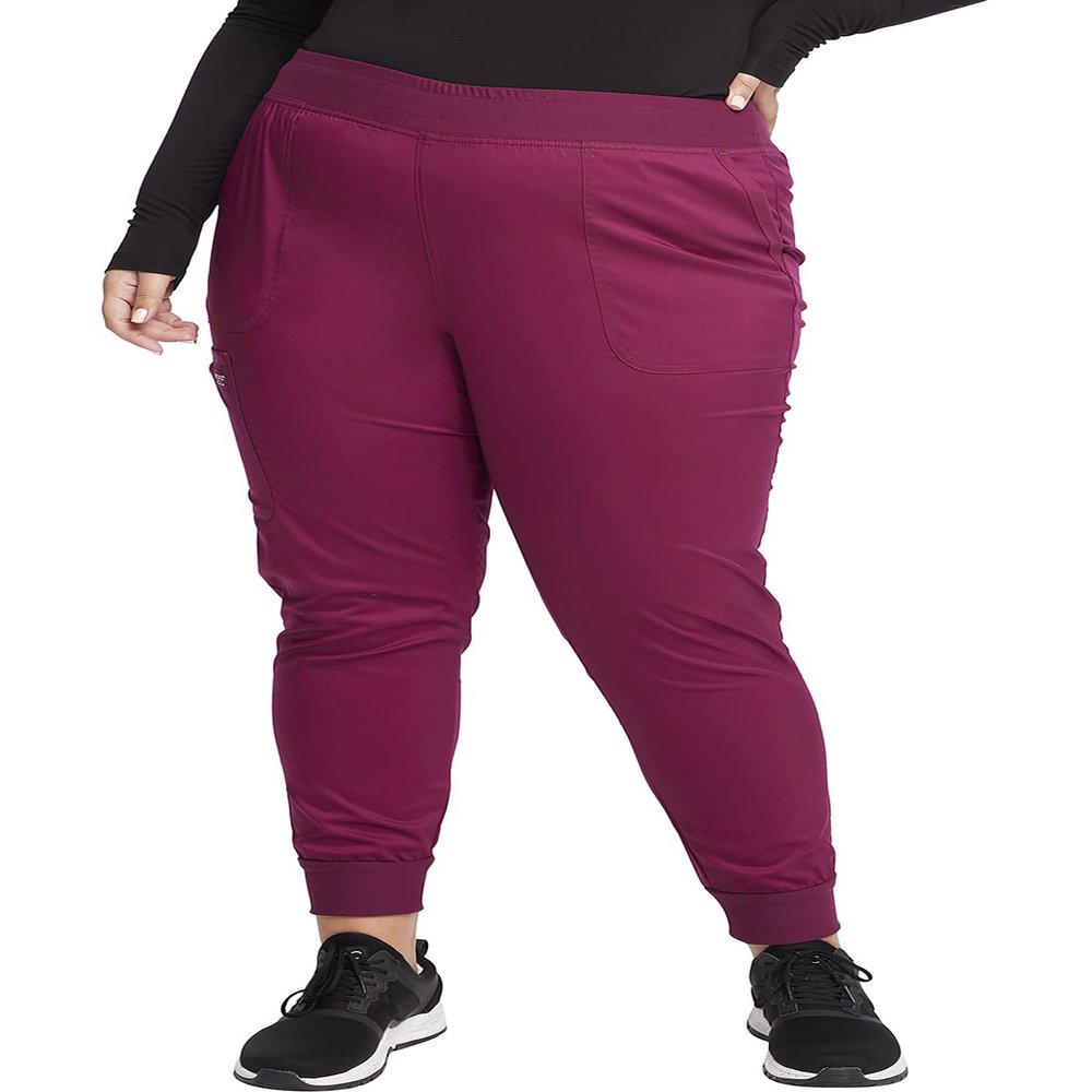 Cherokee Women's Scrub Jogger Pants Modern Classic Fit Mid Rise Bottom with 5 Pockets, Elastic Knit Waistband - WW115P, XS Petite, Wine
