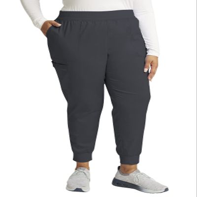 Cherokee Women's Scrub Jogger Pants Modern Classic Fit Mid Rise Bottom with 5 Pockets, Elastic Knit Waistband - WW115P, L Petite, Pewter