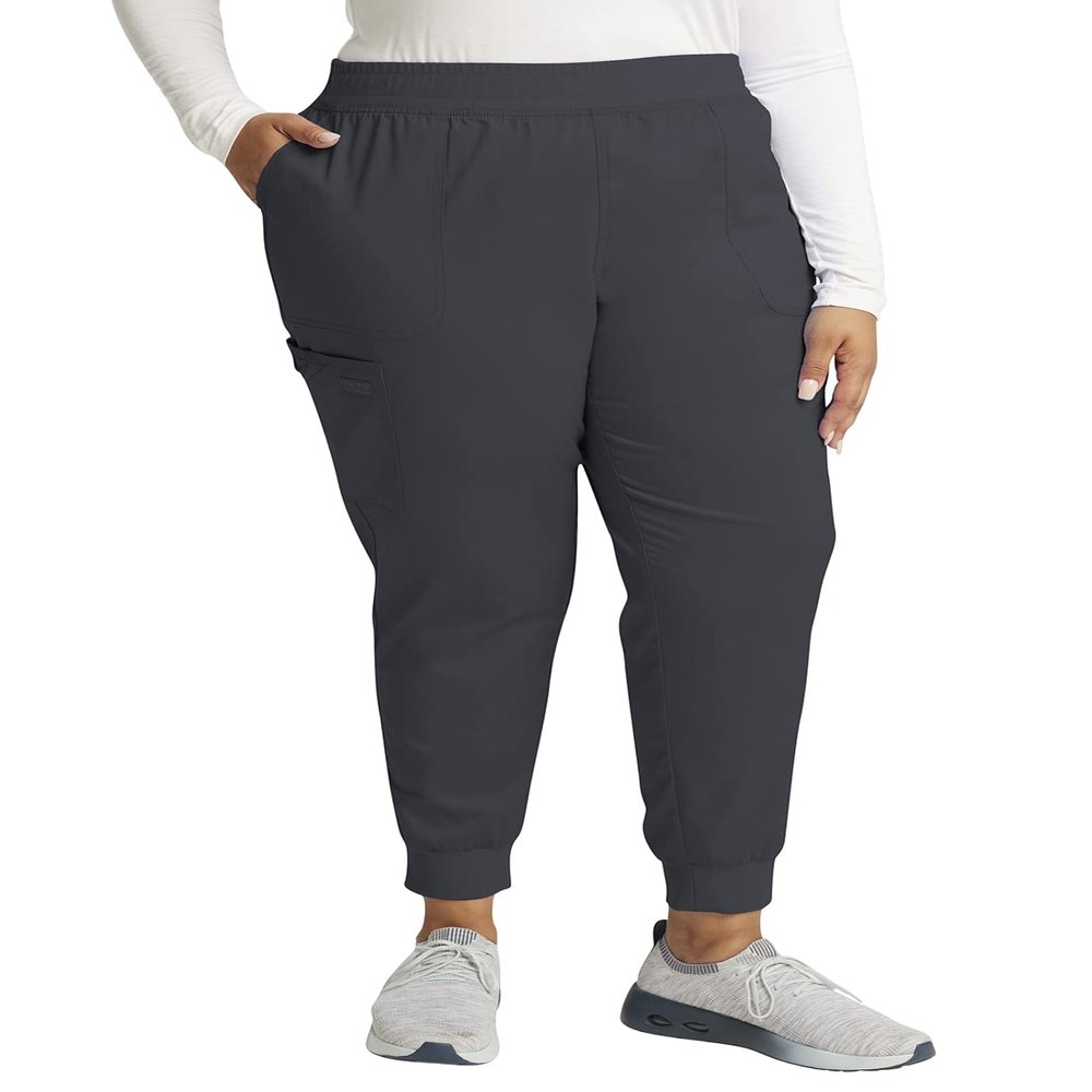 Cherokee Women's Scrub Jogger Pants Modern Classic Fit Mid Rise Bottom with 5 Pockets, Elastic Knit Waistband - WW115P, L Petite, Pewter