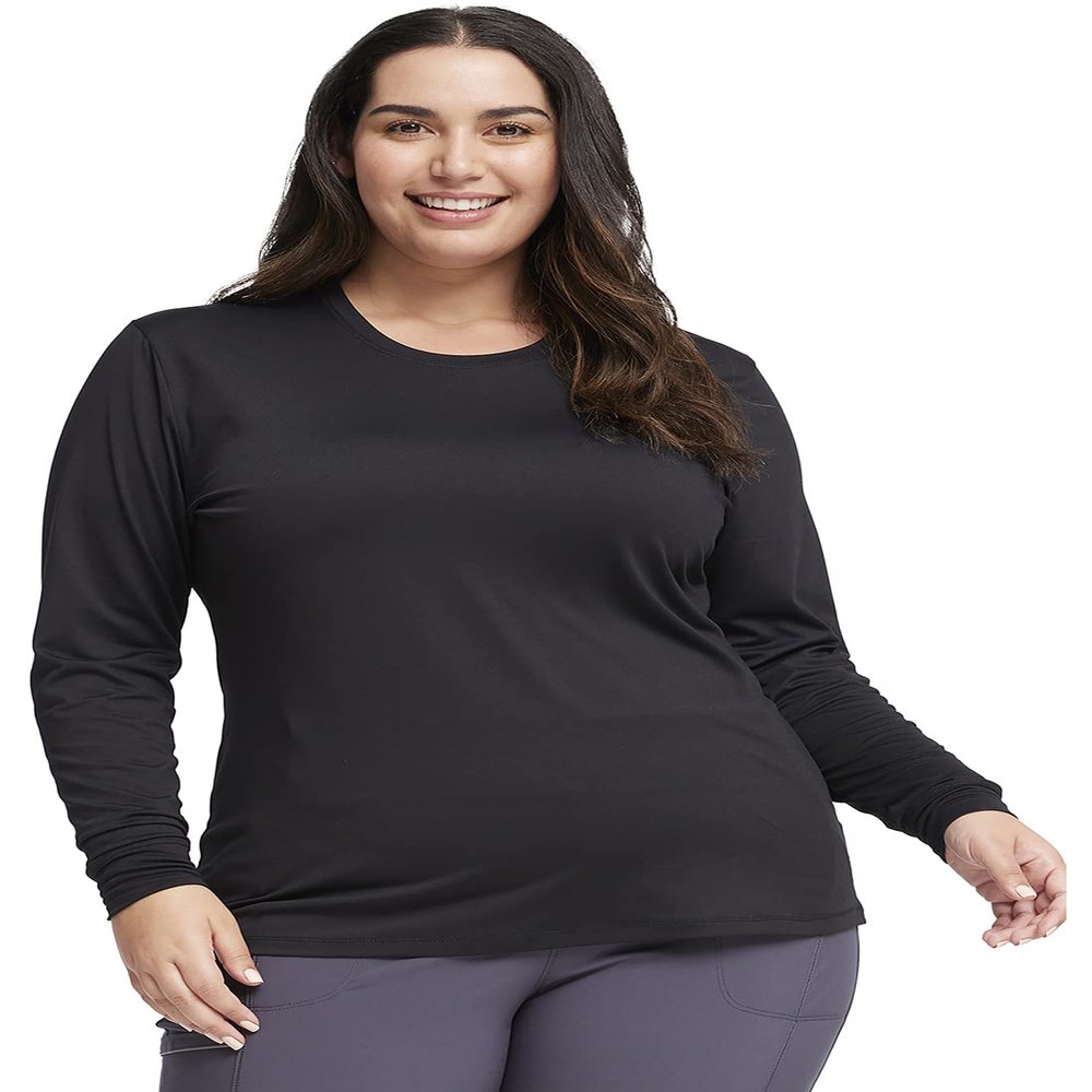 Cherokee Infinity Women Long Sleeve Underscrub Knit Tee with Round Neckline and Center Back Length: 25 1/2" CK782, XL, Black