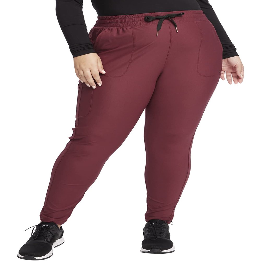Cherokee Womens Mid Rise Tapered Leg Drawstring Scrub Pants 5 Pocket 360 Stretch Moisture Wicking Easy Care Plus Size - CK095, 3XL, Cabernet