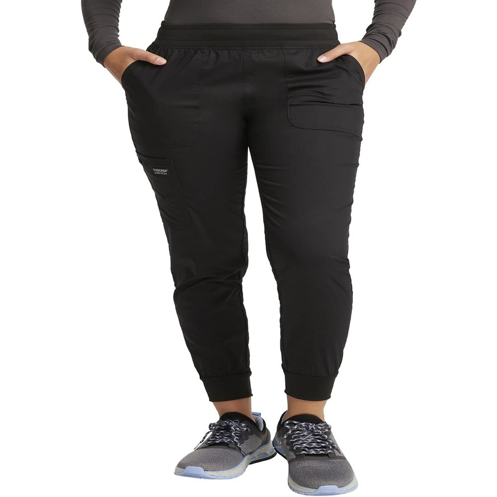 Cherokee Women's Scrub Jogger Pants Modern Classic Fit Mid Rise Bottom with 5 Pockets, Elastic Knit Waistband Plus Size - WW115, 2XL, Black