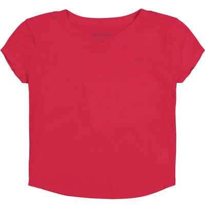 Nautica Girls' Short Sleeve V-Neck T-Shirt, Solid Cotton Blend Tee with Tagless Interior, Virtual Pink, 5