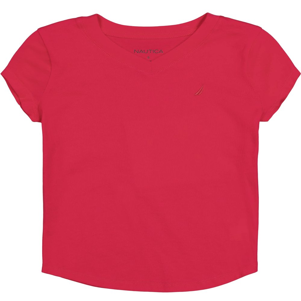 Nautica Girls' Short Sleeve V-Neck T-Shirt, Solid Cotton Blend Tee with Tagless Interior, Virtual Pink, 5