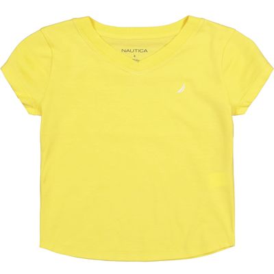 Nautica Girls' Short Sleeve V-Neck T-Shirt, Solid Cotton Blend Tee with Tagless Interior, Aspen Gold, 2T