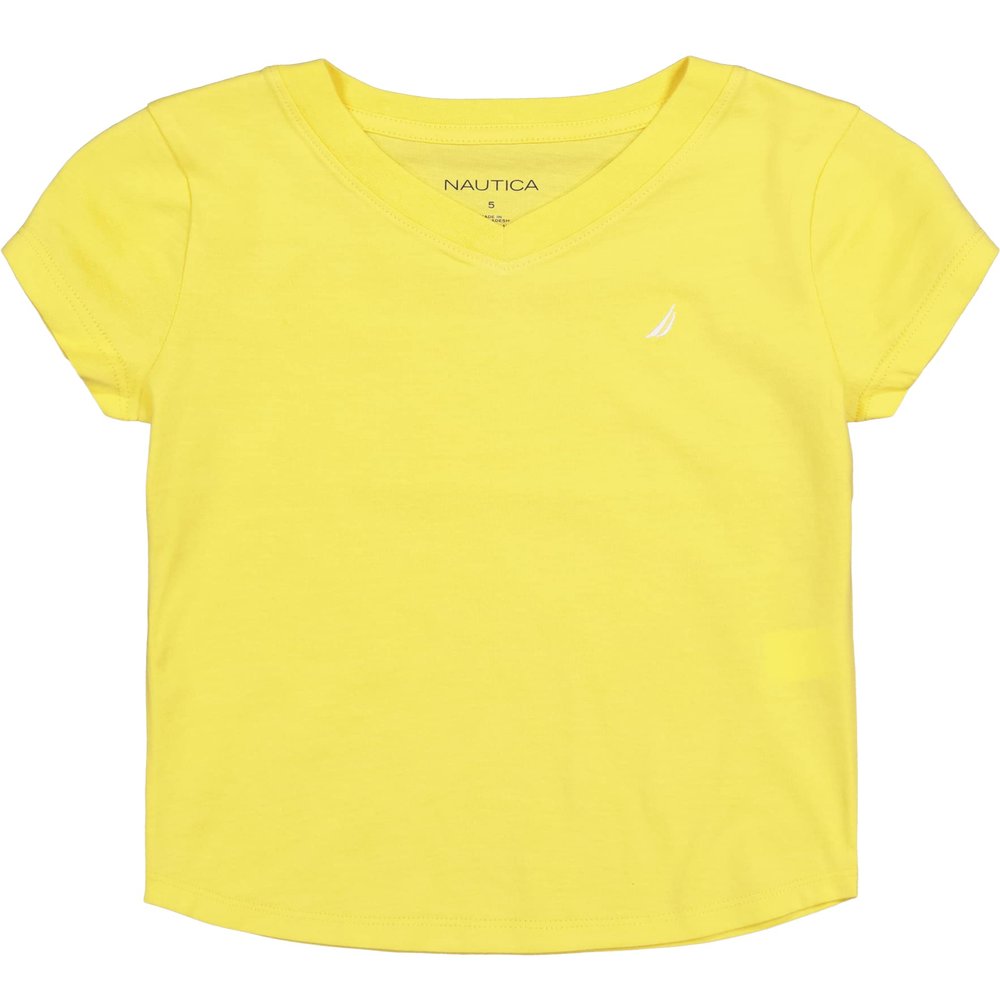 Nautica Girls' Short Sleeve V-Neck T-Shirt, Solid Cotton Blend Tee with Tagless Interior, Aspen Gold, 2T
