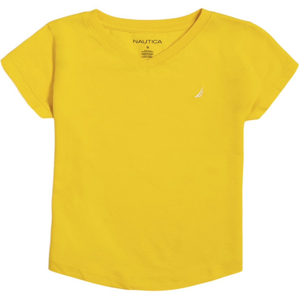 Nautica Girls' Short Sleeve V-Neck T-Shirt, Solid Cotton Blend Tee with Tagless Interior, Lemon, 2T