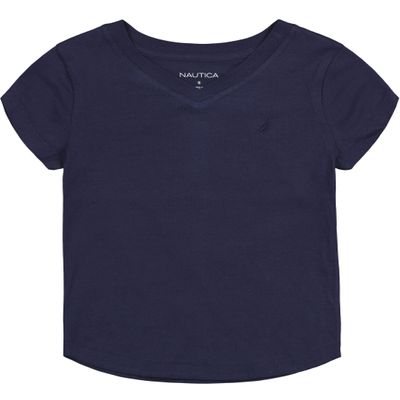 Nautica Girls' Short Sleeve V-Neck T-Shirt, Solid Cotton Blend Tee with Tagless Interior, Peacoat, 6X