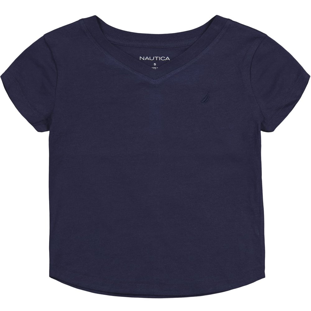 Nautica Girls' Short Sleeve V-Neck T-Shirt, Solid Cotton Blend Tee with Tagless Interior, Peacoat, 6X