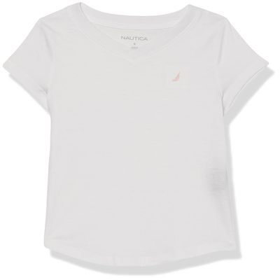 Nautica Girls' Short Sleeve V-Neck T-Shirt, Solid Cotton Blend Tee with Tagless Interior, White, 6X