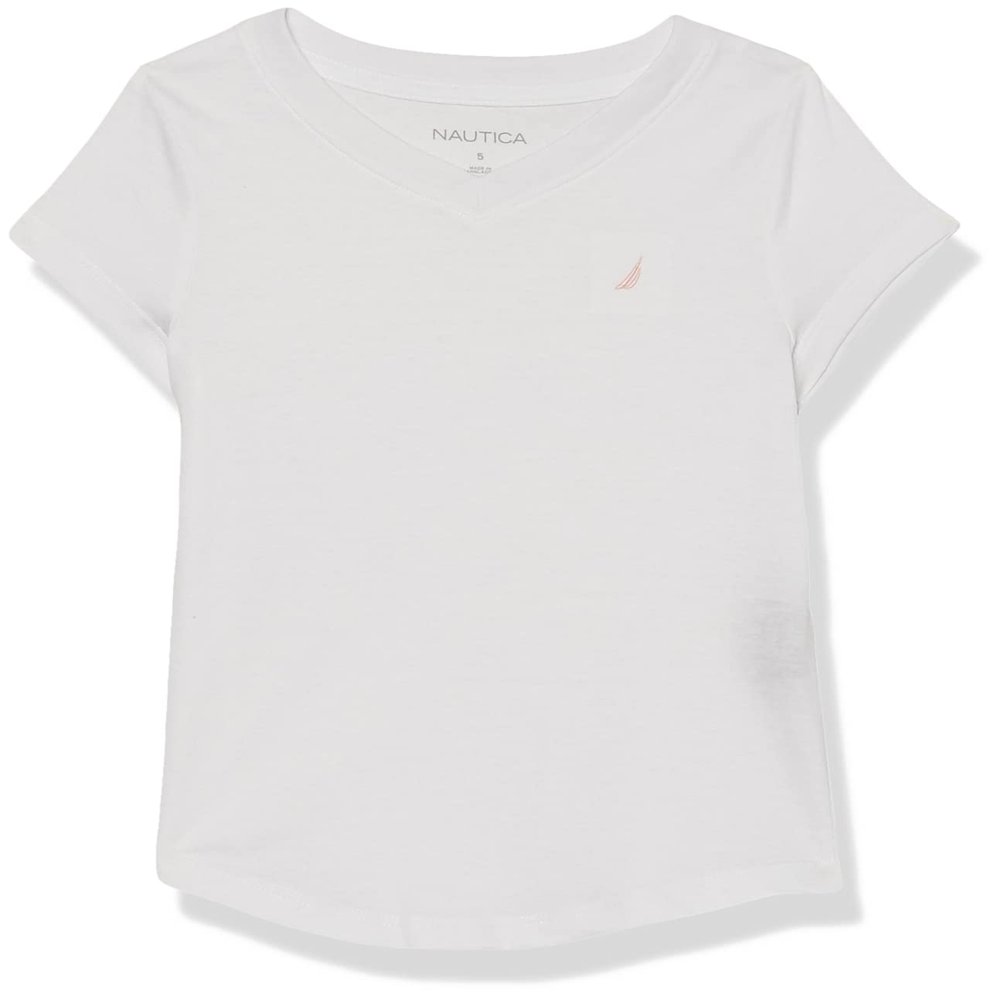 Nautica Girls' Short Sleeve V-Neck T-Shirt, Solid Cotton Blend Tee with Tagless Interior, White, 6X