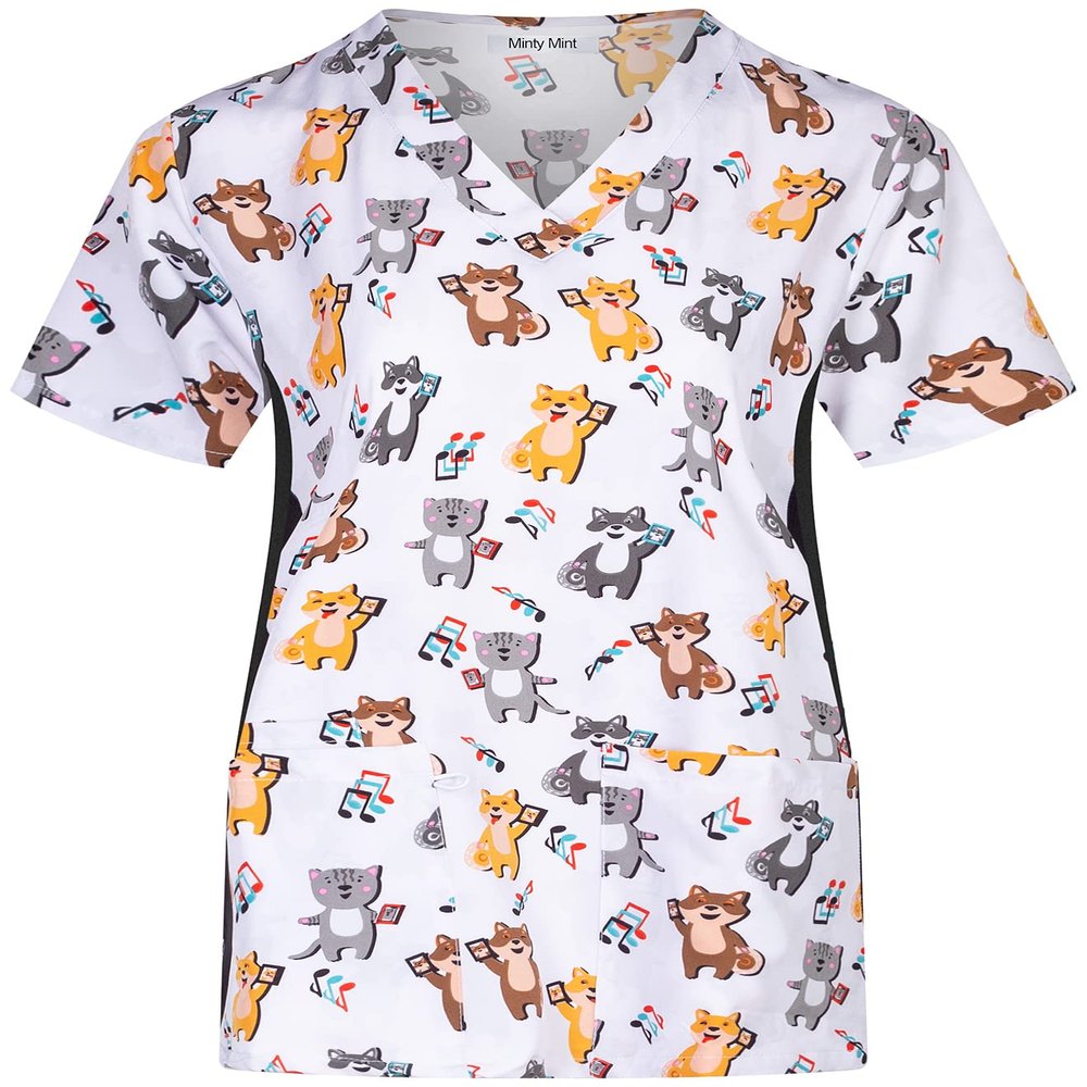 Minty Mint Women's Stretch Printed V-Neck Medical Scrub Top Gray Animal L