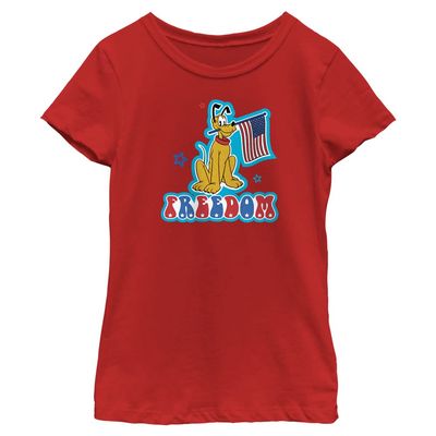 Disney Classic Mickey Pluto Freedom Badge Girls Short Sleeve Tee Shirt Red