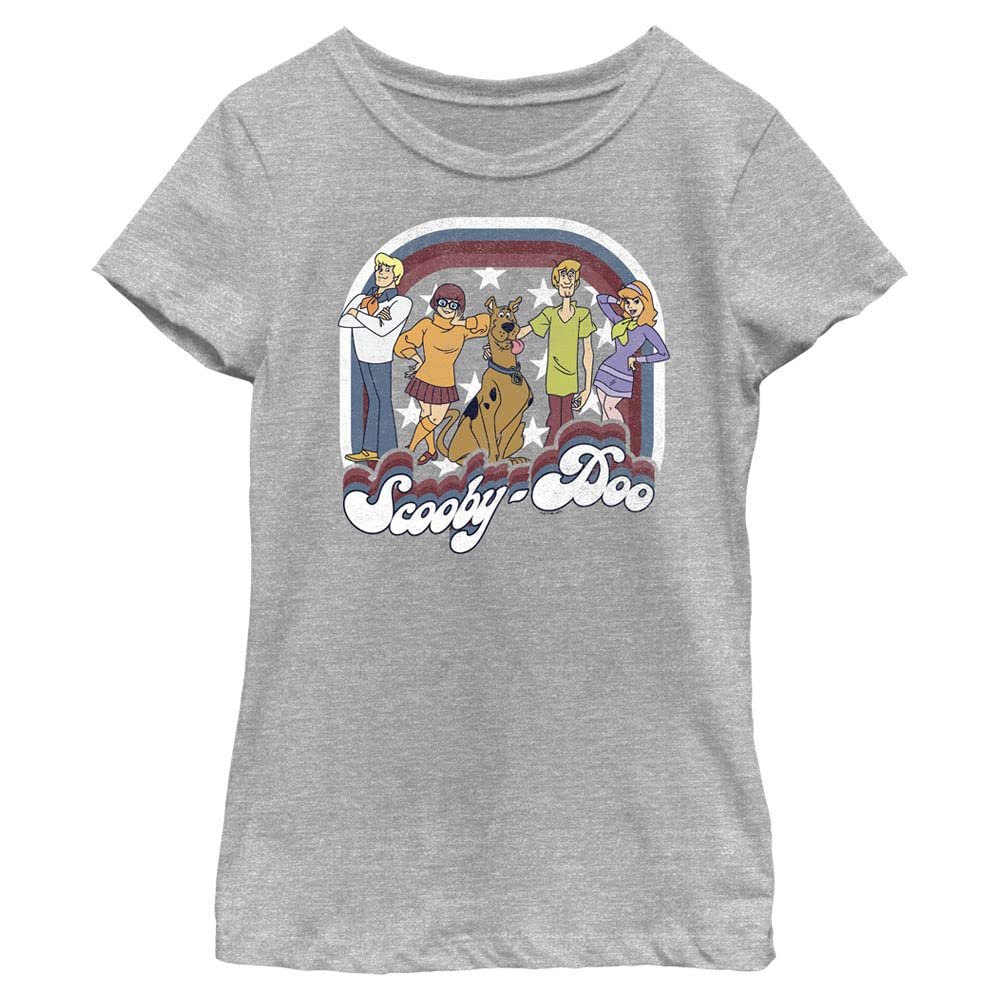 Scooby-Doo Stars and Stripes Girls Short Sleeve Tee Shirt, Athletic Heather, Small