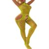 Hedmy Women Sexy Fishnet Bodystockings Lingerie Halter Neck Cutout Full Body Jumpsuit Teddy Bodysuit Fluorescent Yellow One Size view 1