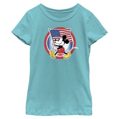 Disney Classic Mickey Flag Circle Badge Girls Short Sleeve Tee Shirt, Tahiti Blue, Large