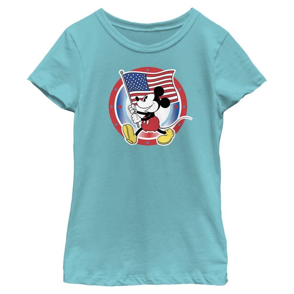 Disney Classic Mickey Flag Circle Badge Girls Short Sleeve Tee Shirt, Tahiti Blue, Large