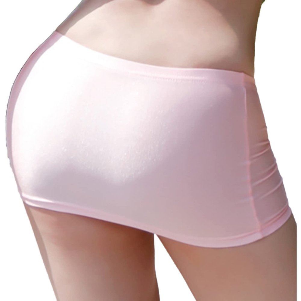 QinCiao Women's Shiny Glossy Ultra Thin Elastic High Waist Bodycon Pencil Mini Skirt Pink One Size