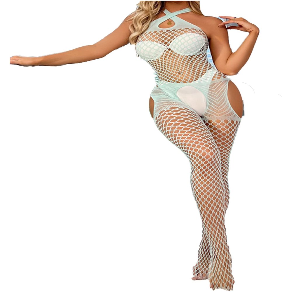 Hedmy Women Sexy Fishnet Bodystockings Lingerie Halter Neck Cutout Full Body Jumpsuit Teddy Bodysuit Light Blue One Size