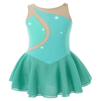 Daenrui Kids Girls Ice Figure Skating Dress Leotard Sparkle Rhinestone Sleeveless Mesh Splice Tutu Skirts Dancewear Green 10 Years
