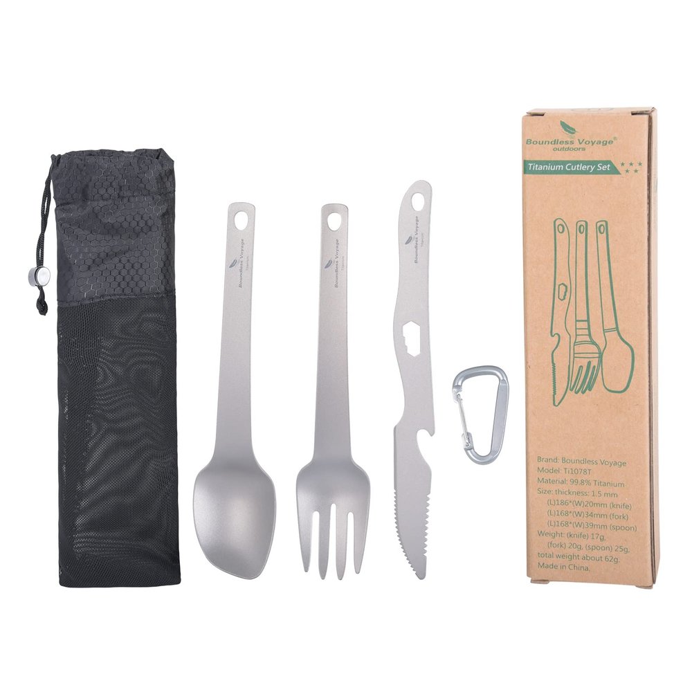 Boundless Voyage Titanium Cutlery Set Ultralight Utility Flatware Utensil Spoon Fork Knife in Case for Home Use Travel Camping Ti1078T