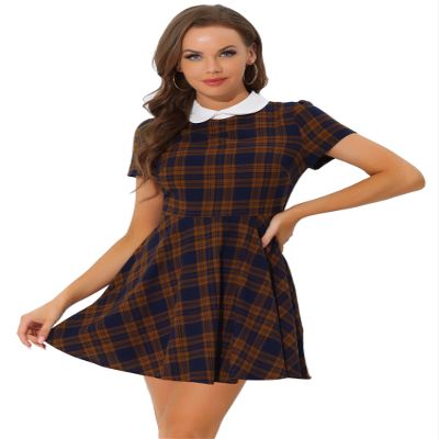 Allegra K Women Plaids Contrast Peter Pan Collar Puff Sleeves Above Knee Dress Small Blue Brown
