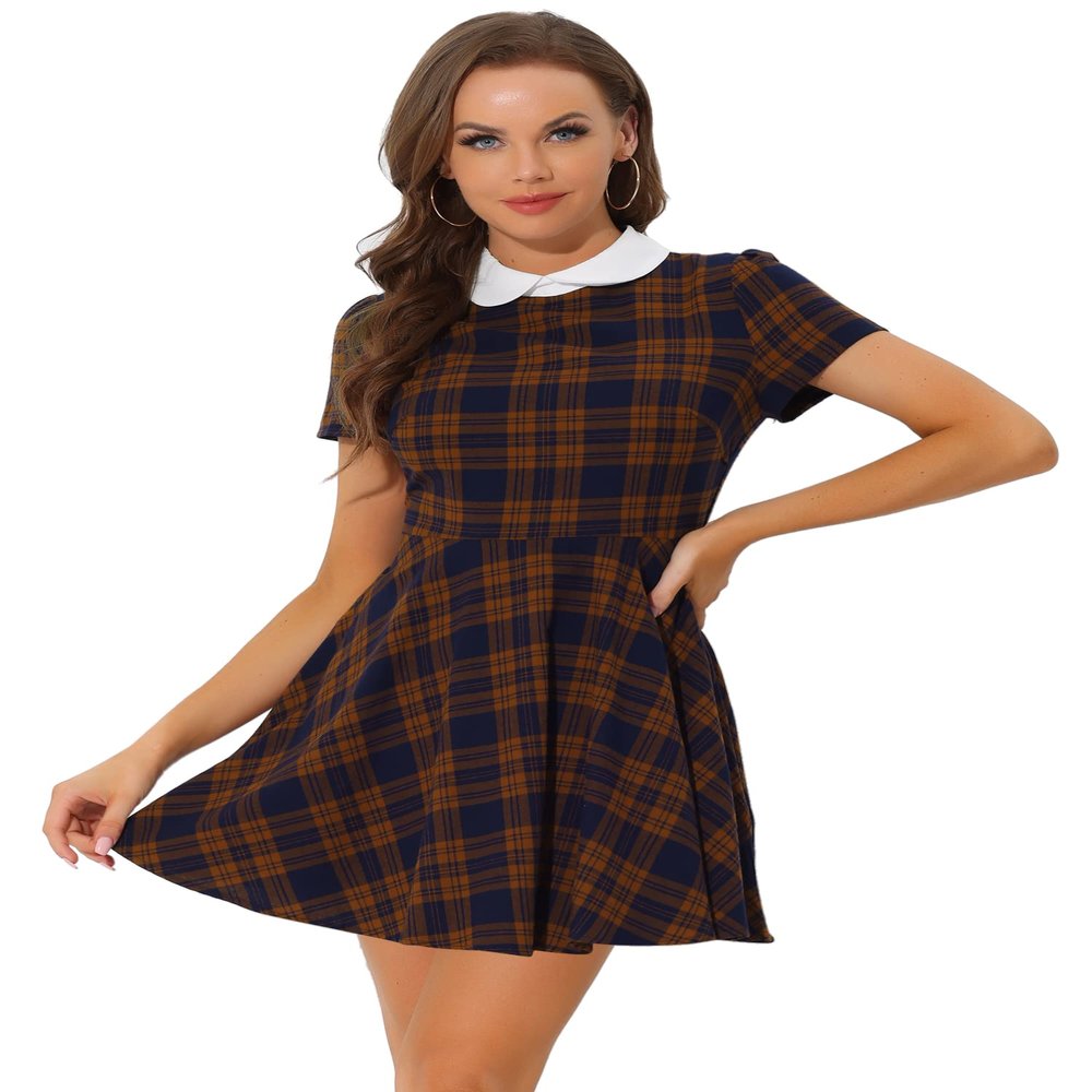 Allegra K Women Plaids Contrast Peter Pan Collar Puff Sleeves Above Knee Dress Small Blue Brown