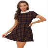 Allegra K Women Plaids Contrast Peter Pan Collar Puff Sleeves Above Knee Dress Small Blue Brown view 1