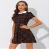 Allegra K Women Plaids Contrast Peter Pan Collar Puff Sleeves Above Knee Dress Small Blue Brown view 2