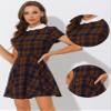 Allegra K Women Plaids Contrast Peter Pan Collar Puff Sleeves Above Knee Dress Small Blue Brown view 3