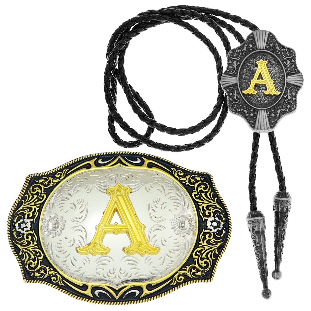 2 Pieces Belt Buckle Bolo Tie Small Set Golden Initial Letter A to Z Western Cowboy Costume Accessory for Men Women A