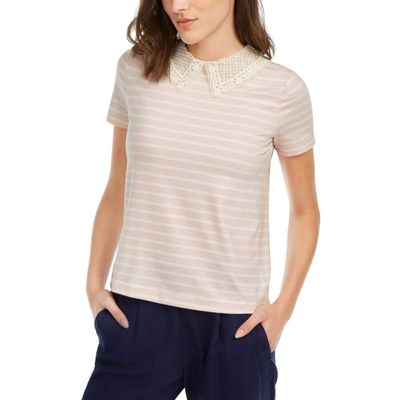 Maison Jules Womens Lace Detail Embellished T-Shirt, Multicoloured, X-Small Pink