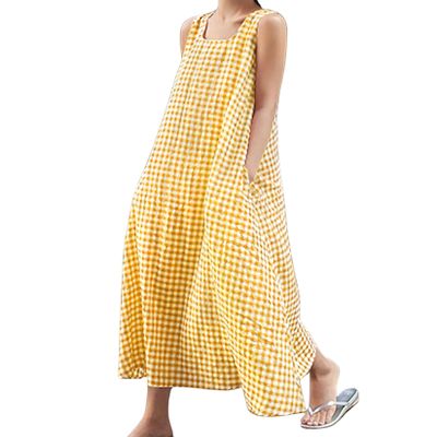 chouyatou Women's Summer Casual Loose-Fit Cotton Plaid Tank Maxi Dress with Pockets Boho Beach Sundress (X-Large, Yellow)