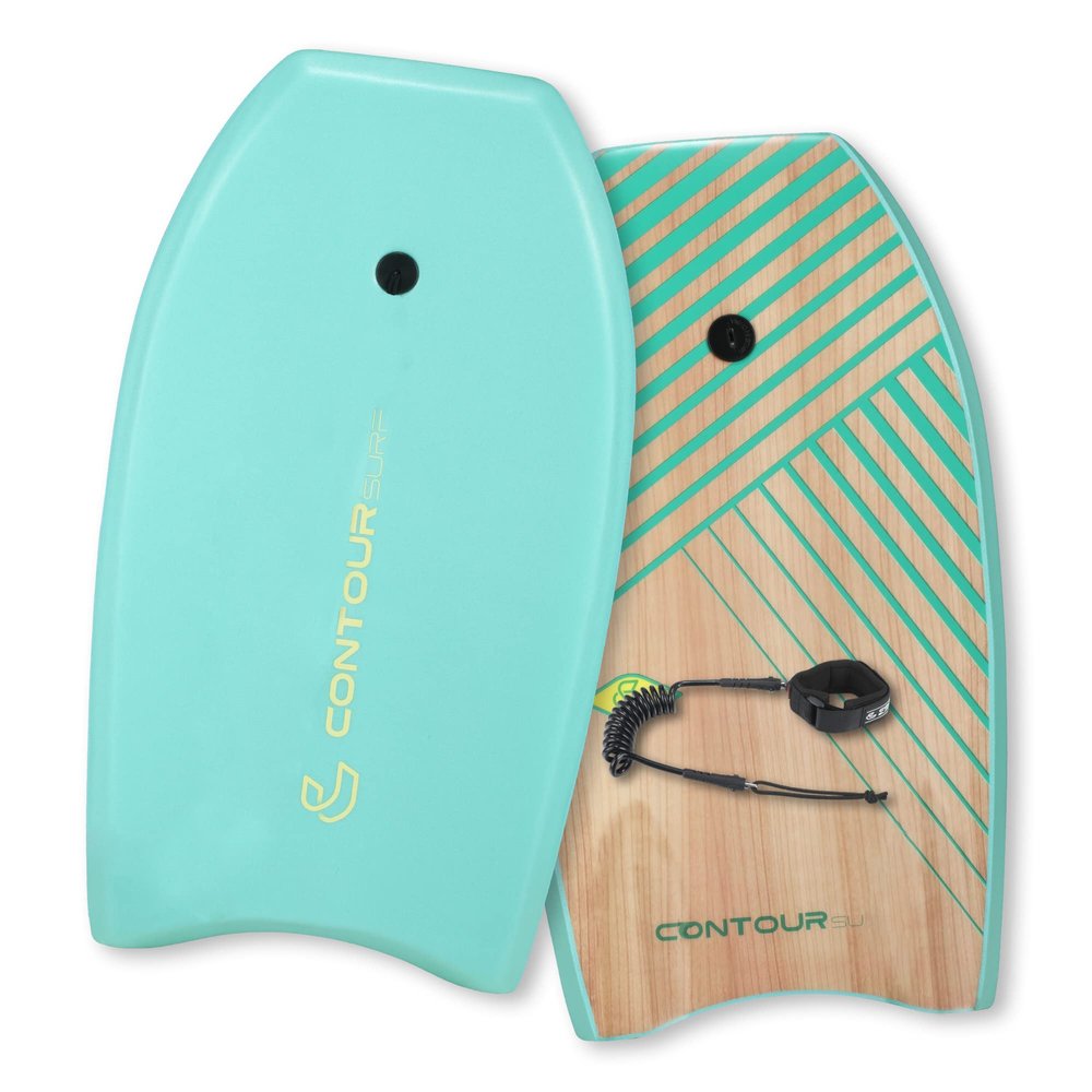 CONTOUR SURF Reed Body Board 33 Inches Bodyboard Body Boards for Beach Kids Lightweight EPS Core Dual Channel Double Swivel Coiled Wrist Leash for All Surfing Levels (Love Green Bird)
