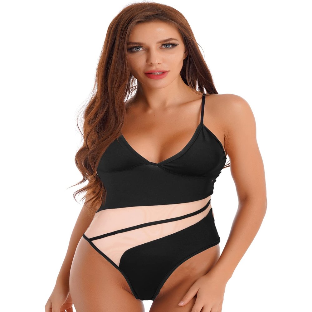 Manyakai Women Color Block One Piece Sports Swimwear High Cut Gymnastics Leotard Monokini Beachwear Black Small