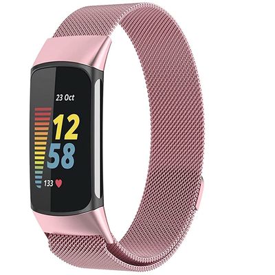 Metal Mesh Loop Bands for Fitbit Charge 5/Charge 6 Band for Women Men, Adjustable Stainless Steel Wristbands Replacement Straps for Charge 5/6 Activity TrackerRose Pink-L