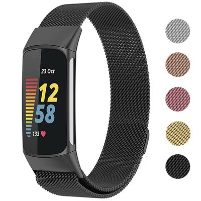 Metal Mesh Loop Bands for Fitbit Charge 5/Charge 6 Band for Women Men, Adjustable Stainless Steel Wristbands Replacement Straps for Charge 5/6 Activity TrackerBlack-L