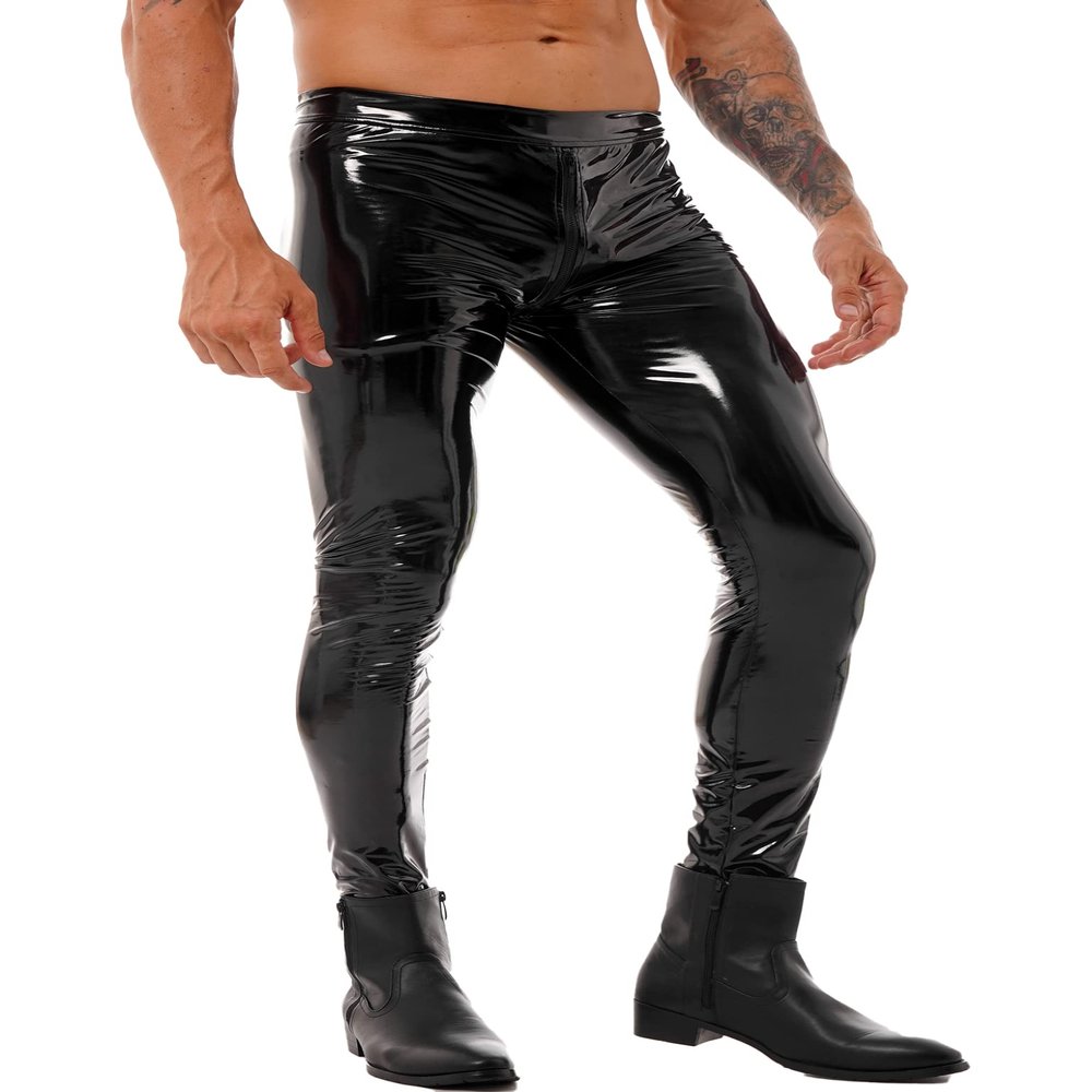 Lejafay Men's Skinny Straight Leg Faux Leather Motorcycle Biker Pants Night Club Metallic Trousers Black A Medium