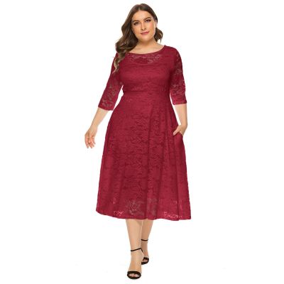 Plus Size Women Vintage Lace 3/4 Sleeve Midi Swing Evening Party Cocktail Wedding Bridesmaid Dresses Wine Red 4XL