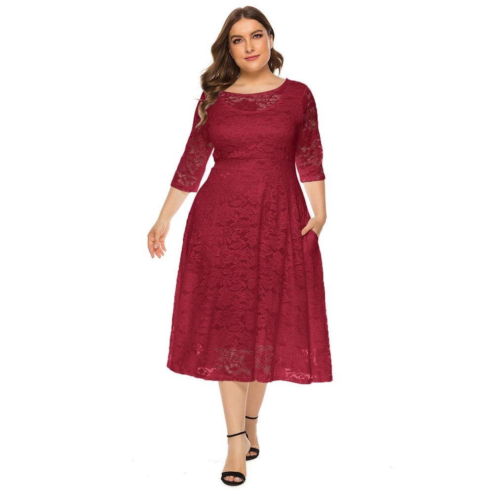Plus Size Women Vintage Lace 3/4 Sleeve Midi Swing Evening Party Cocktail Wedding Bridesmaid Dresses Wine Red 4XL