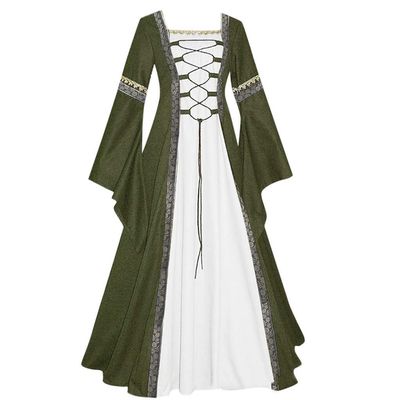 Women's Medieval Dresses Renaissance Costume Gothic Vintage Flared Sleeves Halloween Cosplay Floor Length Party Dress Green