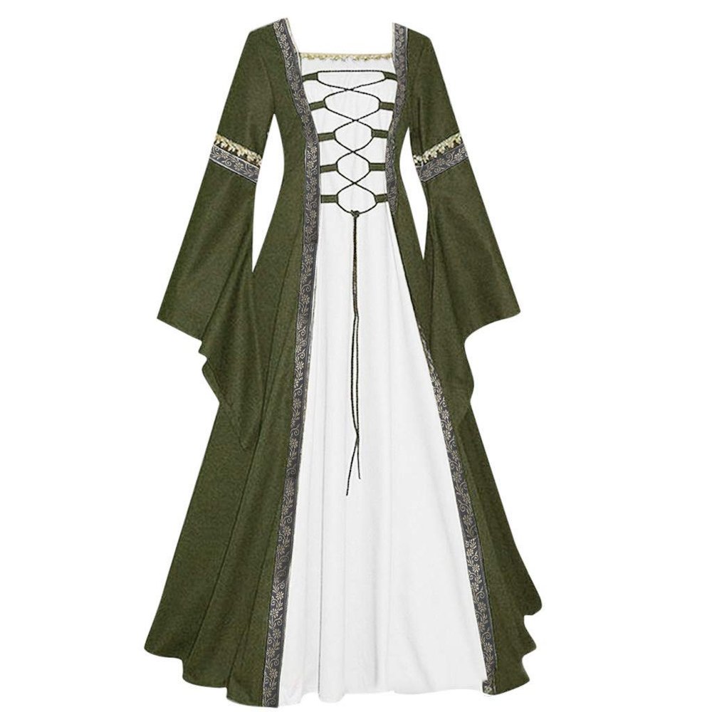 Women's Medieval Dresses Renaissance Costume Gothic Vintage Flared Sleeves Halloween Cosplay Floor Length Party Dress Green