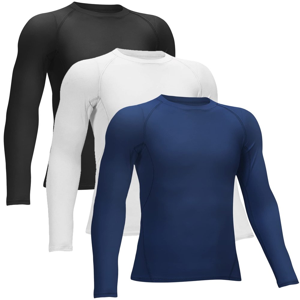 3 Pack Boys' Girls' Compression Shirts Youth Long Sleeve Undershirt Sports Performance Moisture Wicking Baselayer Sets Black/White/Navy L