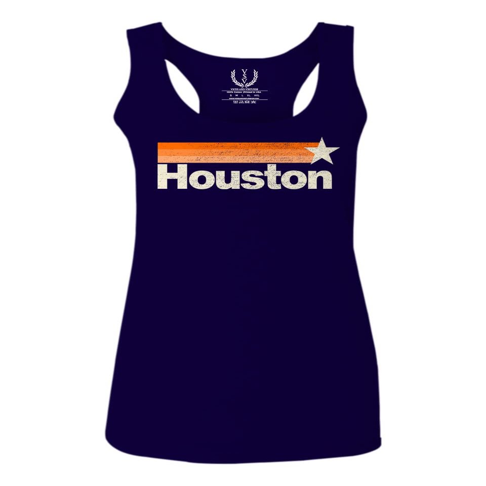 0490. Vintage Retro Graphic Style Houston Texas Women's Tank Top Racerback (Navy Blue, X Small)