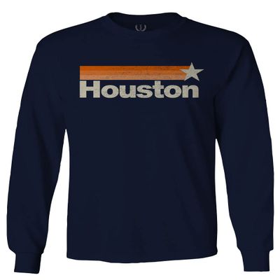 0490. Vintage Retro Graphic Style Houston Texas Men's Long Sleeve t Shirt (Navy Blue, Large)