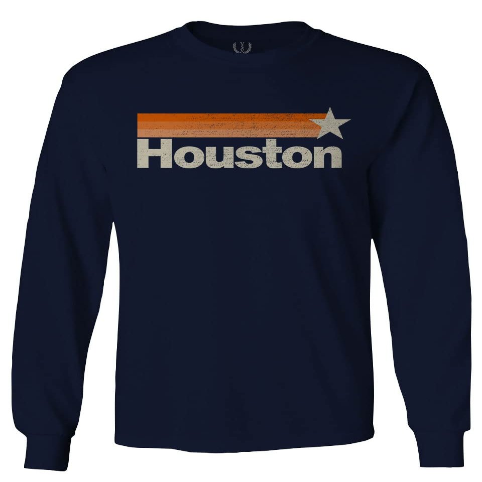 0490. Vintage Retro Graphic Style Houston Texas Men's Long Sleeve t Shirt (Navy Blue, Large)