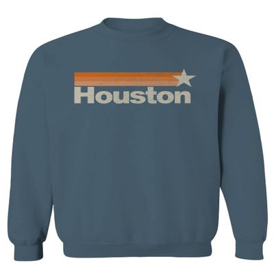 0490. Vintage Retro Graphic Style Houston Texas Men's Crewneck Sweatshirt (Indigo Blue Medium)
