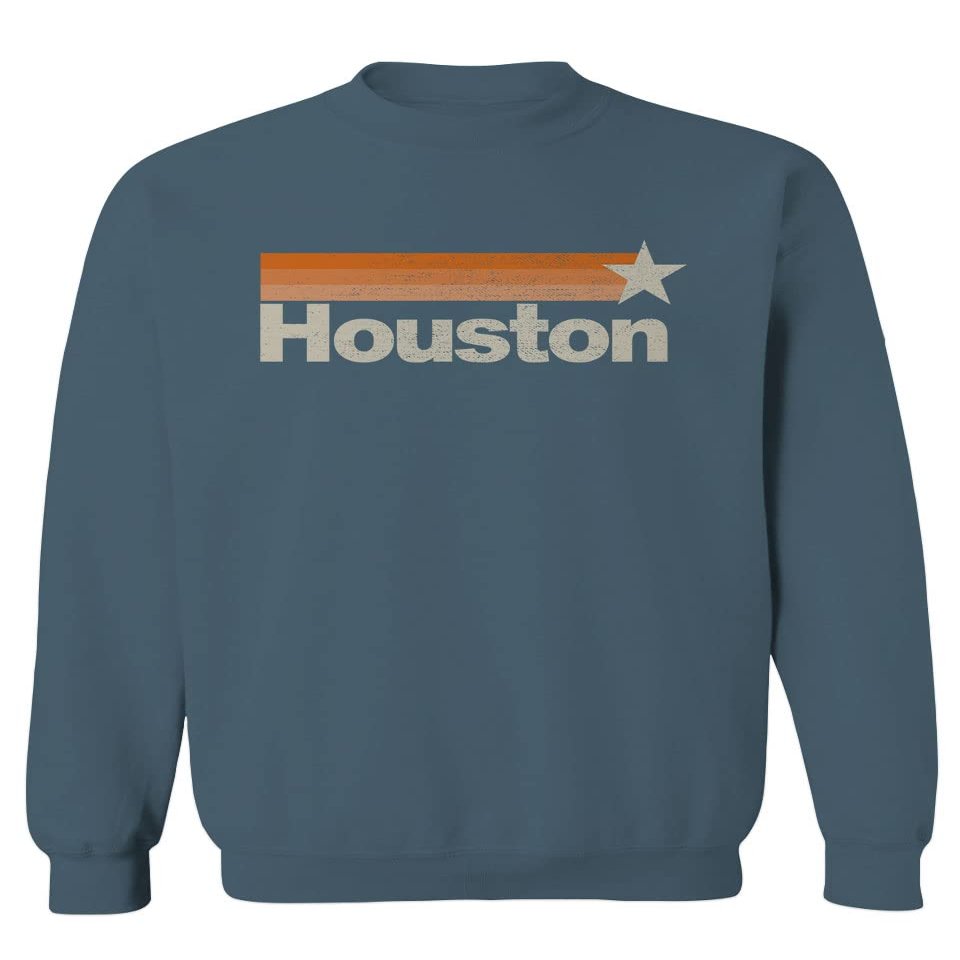 0490. Vintage Retro Graphic Style Houston Texas Men's Crewneck Sweatshirt (Indigo Blue Medium)