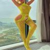 Linjinx Women''s 3/4 Sleeve Fishnet Cutout Bodystocking Bodysuit Sexy Tights Nightwear Lingerie Halter Fluorescent Yellow One Size view 2